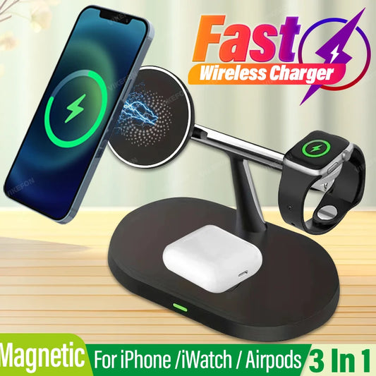 3 In 1 Magnetic Wireless Charger Stand for iPhone 15 14 13 12 Pro Max Apple Watch 1-9 AirPods Fast Charging Station Phone Holder