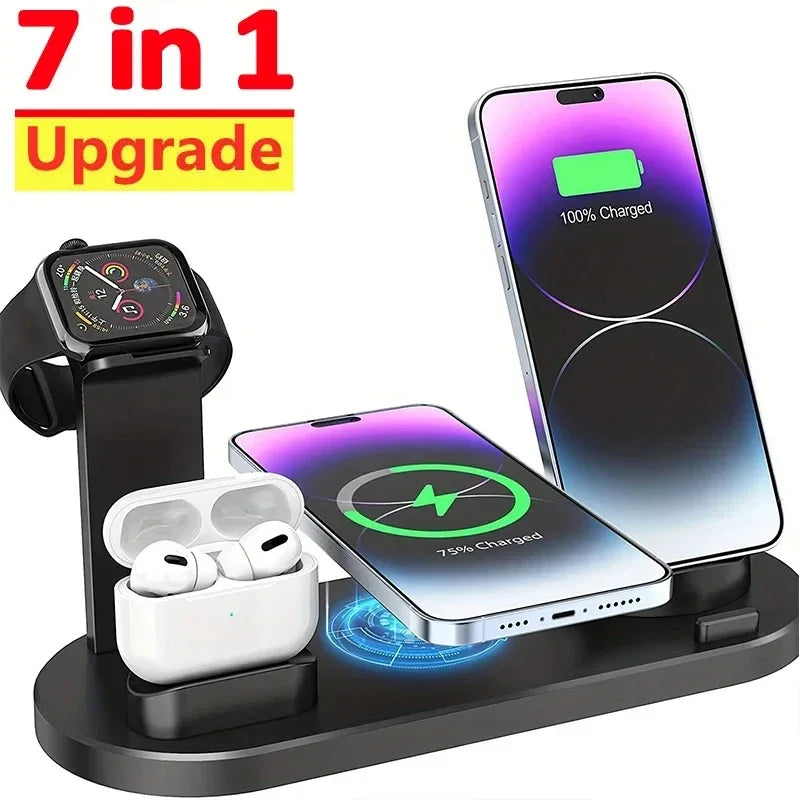 7 In 1 Wireless Charger Stand Pad For iPhone 15 14 13 12 11 X Apple Watch Airpods Desk Phone Chargers Fast Charging Dock Station